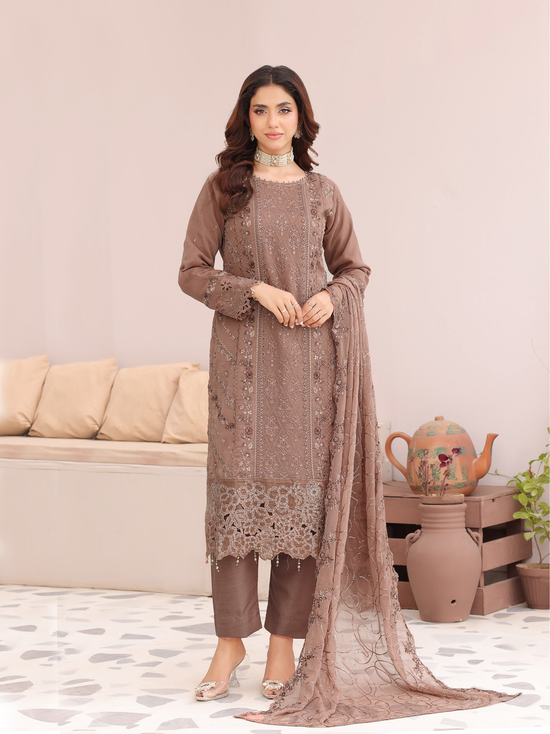 রয়্যাল অর্কিড লাক্সারি এমব্রয়ডারি শিফন থ্রি-পিস - নুড কালার