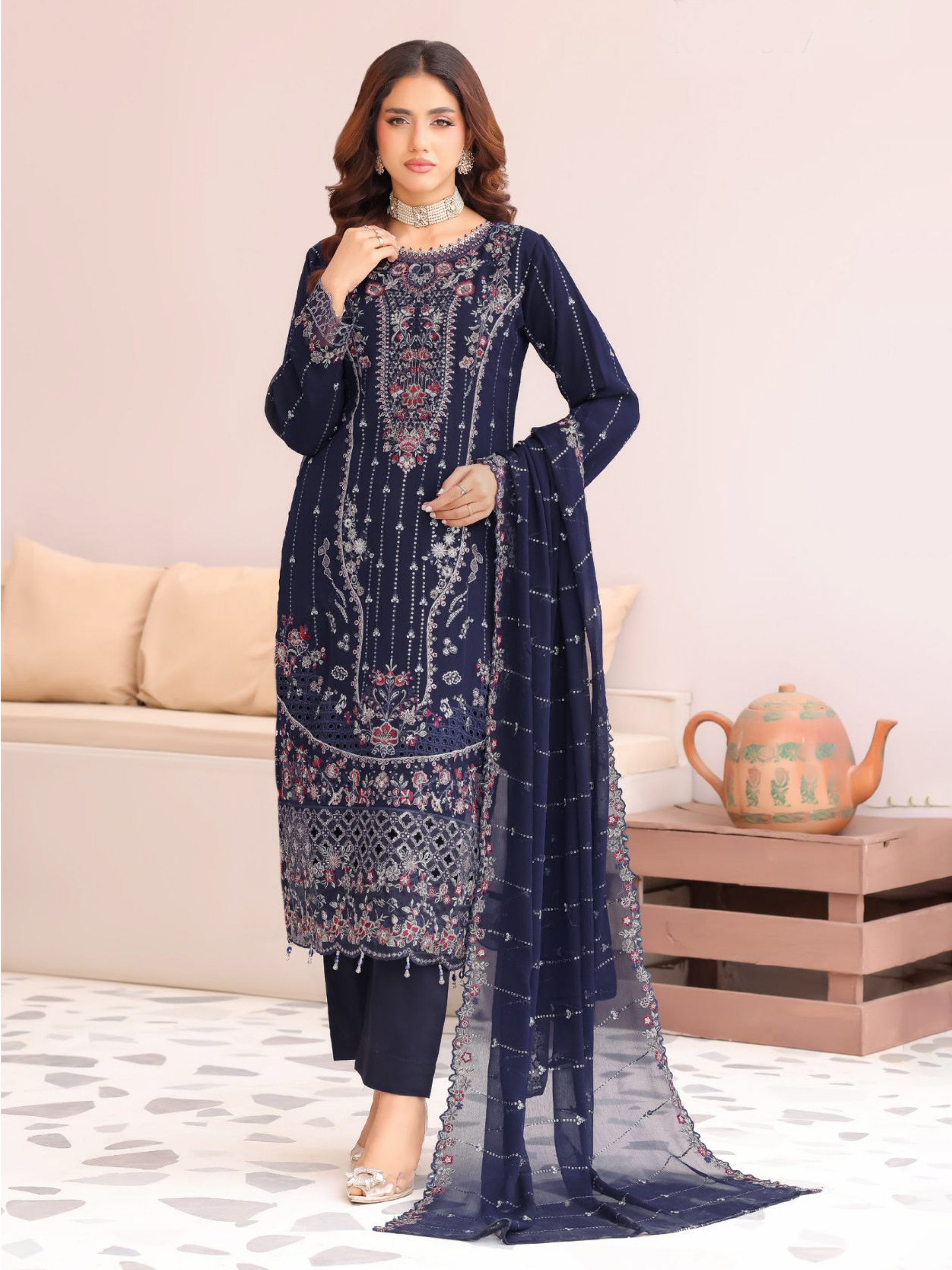 রয়্যাল অর্কিড লাক্সারি এমব্রয়ডারি শিফন থ্রি-পিস - ডার্ক ব্লু