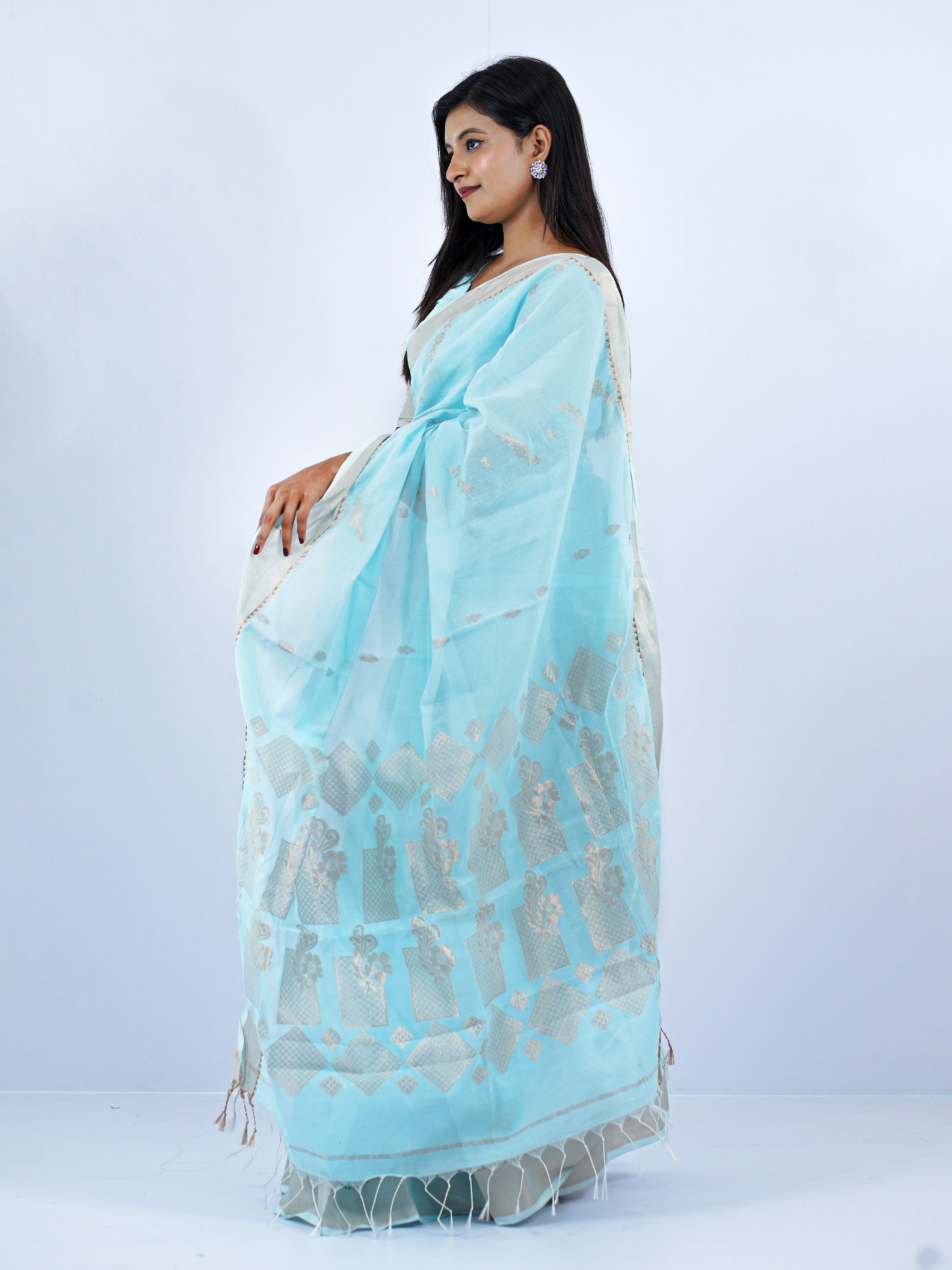 Mistilota Premium Half Silk Garden Achol Saree – Sky Blue & Gold