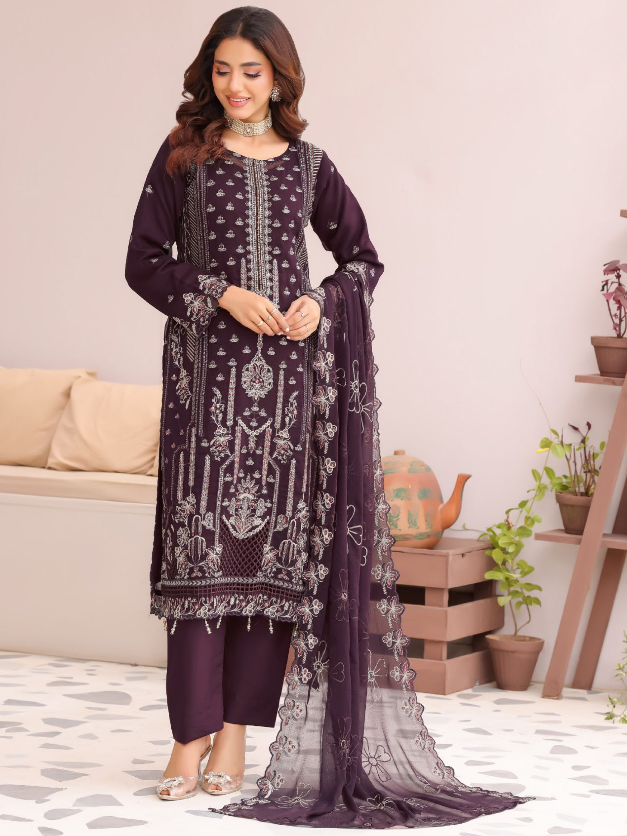 রয়্যাল অর্কিড লাক্সারি এমব্রয়ডারি শিফন থ্রি-পিস - জাম