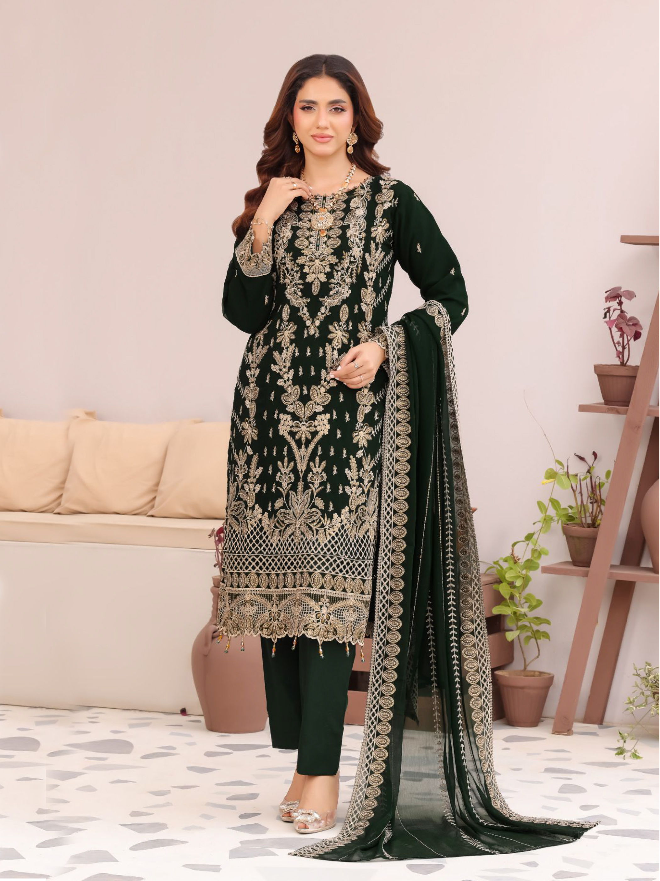 রয়্যাল অর্কিড লাক্সারি এমব্রয়ডারি শিফন থ্রি-পিস - সী গ্রিন