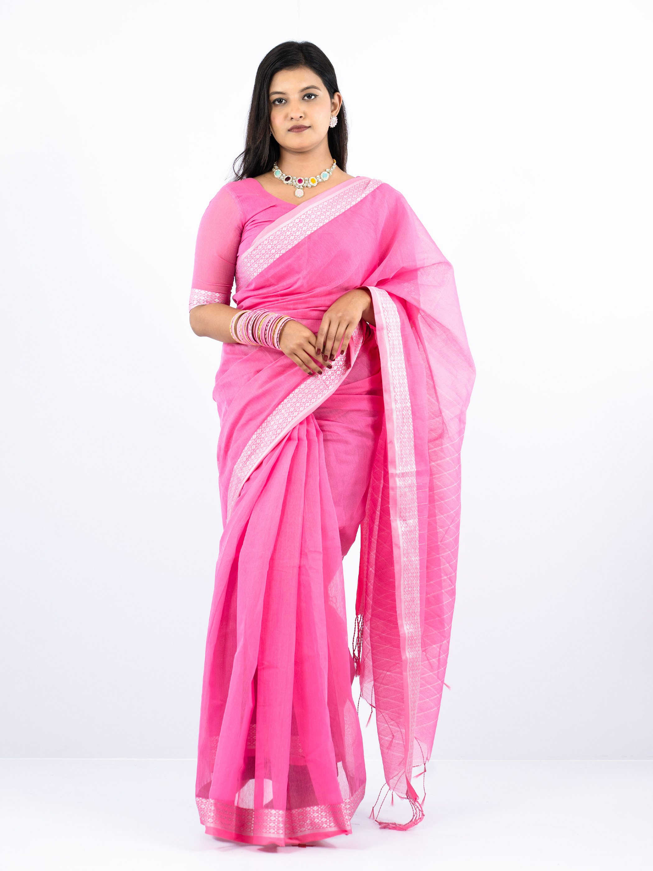 প্রভাতী প্রিমিয়াম প্লেইন হাফ সিল্ক – পিঙ্ক & সিলভার