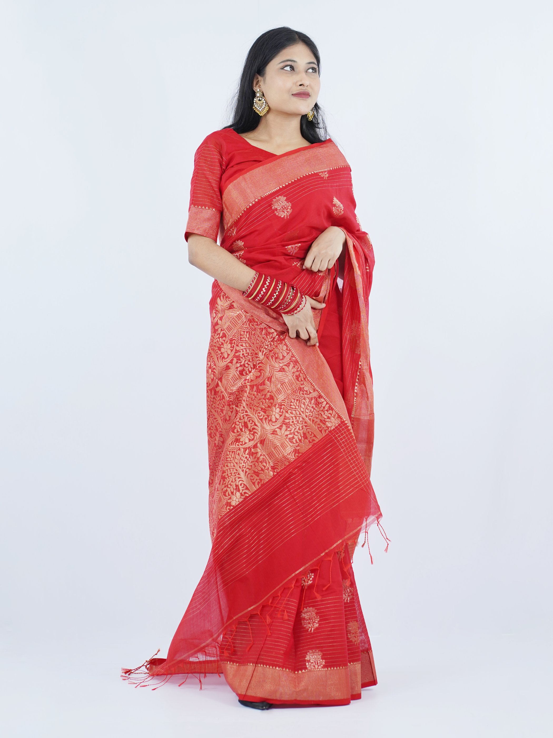 Mistilota Premium Half Silk Garden Achol Saree – Red & Golden