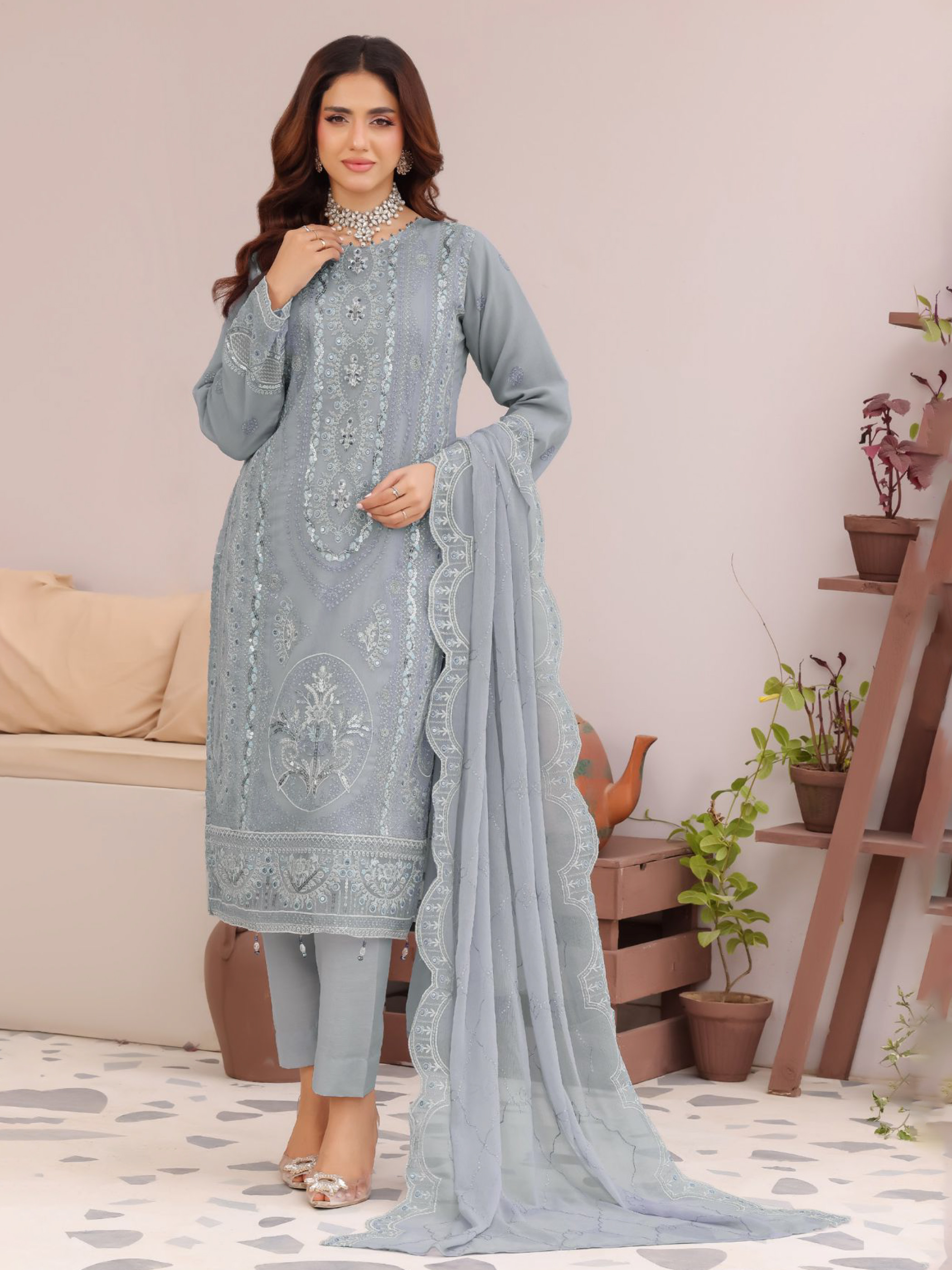 রয়্যাল অর্কিড লাক্সারি এমব্রয়ডারি শিফন থ্রি-পিস - পাউডার ব্লু