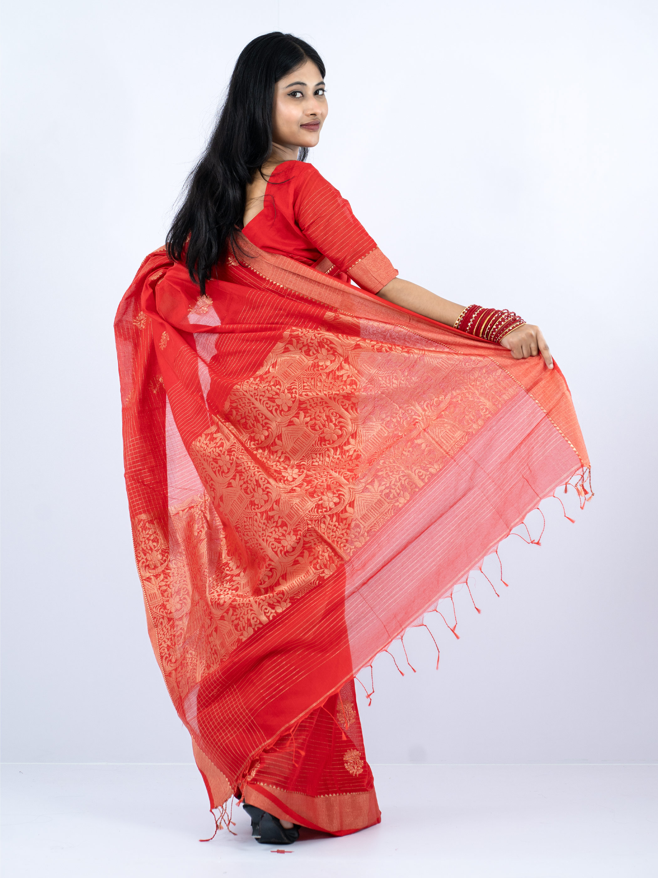 Mistilota Premium Half Silk Garden Achol Jamdani Saree - Khoyeri & Golden