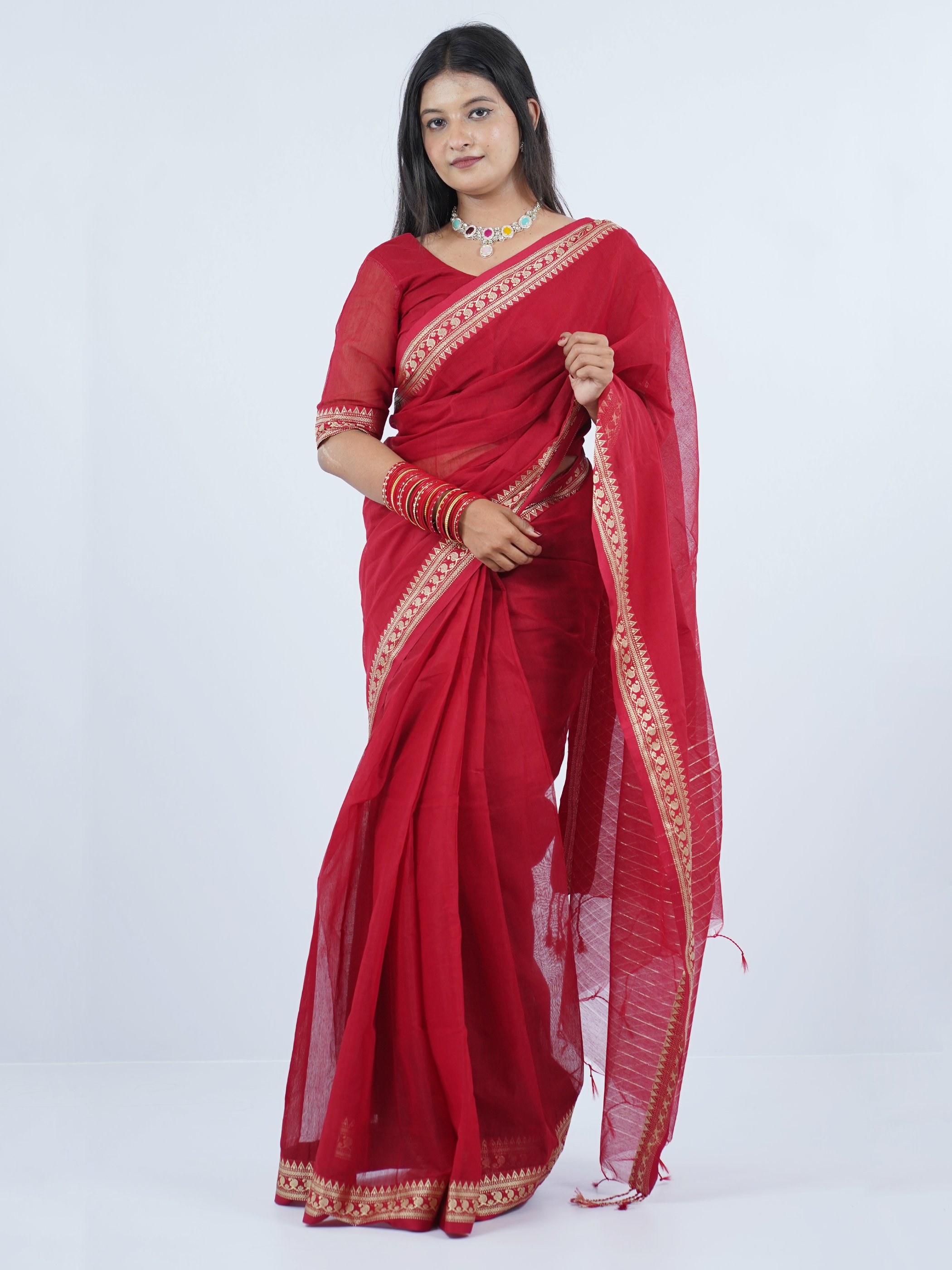 প্রভাতী প্রিমিয়াম প্লেইন হাফ সিল্ক – মেরুন & গোল্ডেন